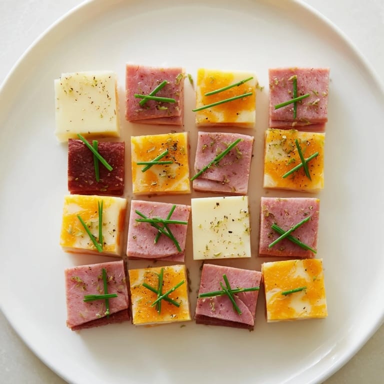 Enjoy savory Checkerboard Picnic Bites, beautifully arranged with contrasting colors, ready to serve on a platter.
