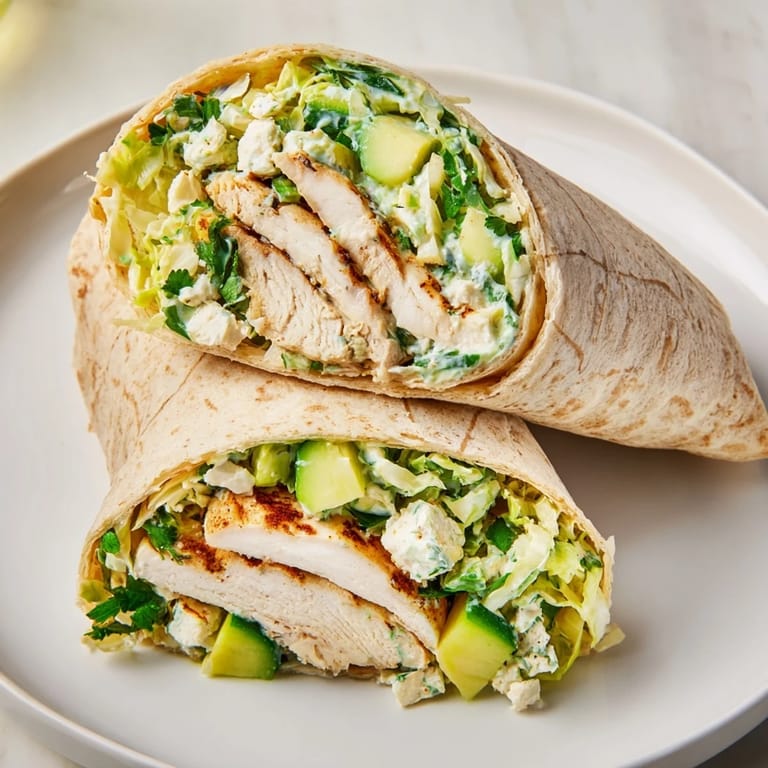 Close-up of freshly assembled Green Goddess Chicken Wraps, ready to eat, with visible herbs and filling.