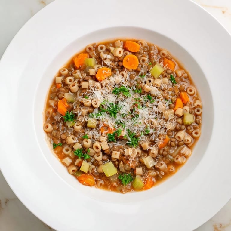 A warm, hearty bowl of Ditalini and Lentil Soup, garnished with fresh parsley for serving.