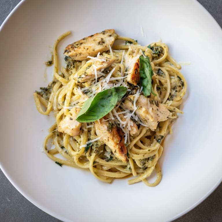 Enjoy a steaming bowl of pesto egg and chicken pasta, perfectly cooked with fresh basil garnish.