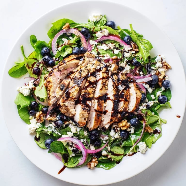 A beautiful close-up shows the colorful Blueberry Goat Cheese Chicken Salad, ready for a delicious lunch.