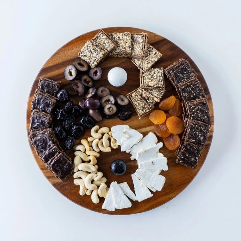 A delicious Yin and Yang Balance Board, featuring crackers, chocolate, and apricots for delightful flavors.