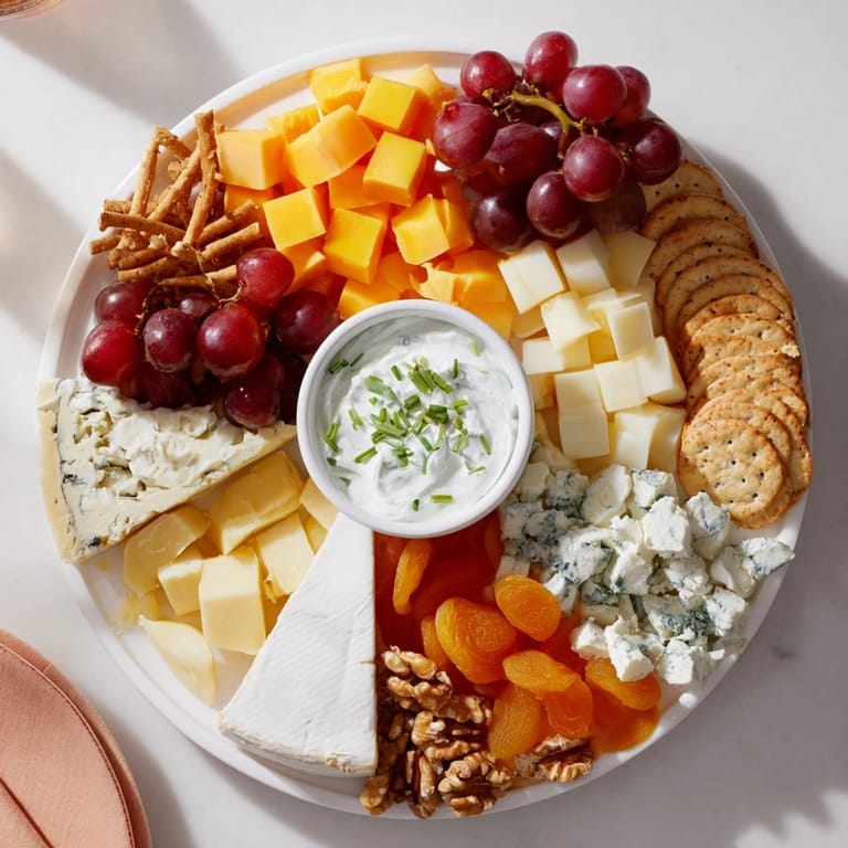 Enjoy an elegant Celtic Cross Cheese Platter, showcasing creamy cheeses, nuts, and a central dip.