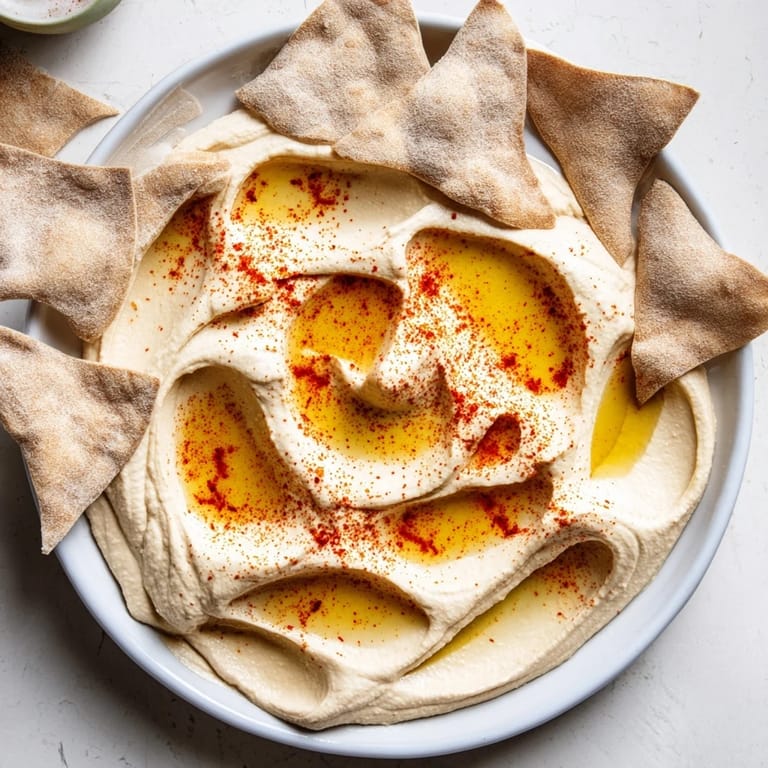 A delightful view: Sand-like Sahara Dune hummus artfully arranged with crunchy pita "dunes".