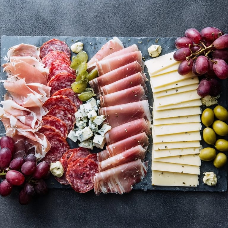 A close-up of The Industrial Slate food platter, highlighting colorful, artful charcuterie presentation.