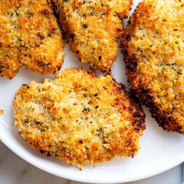 A close-up shot of perfectly baked Parmesan Chicken Cutlets with herbs ready to eat.