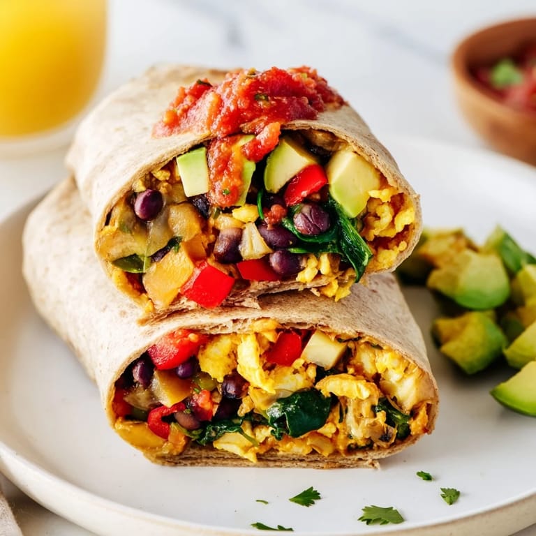 A cross-section revealing the delicious layers inside a vibrant Veggie-Loaded Breakfast Burrito, ready to eat.