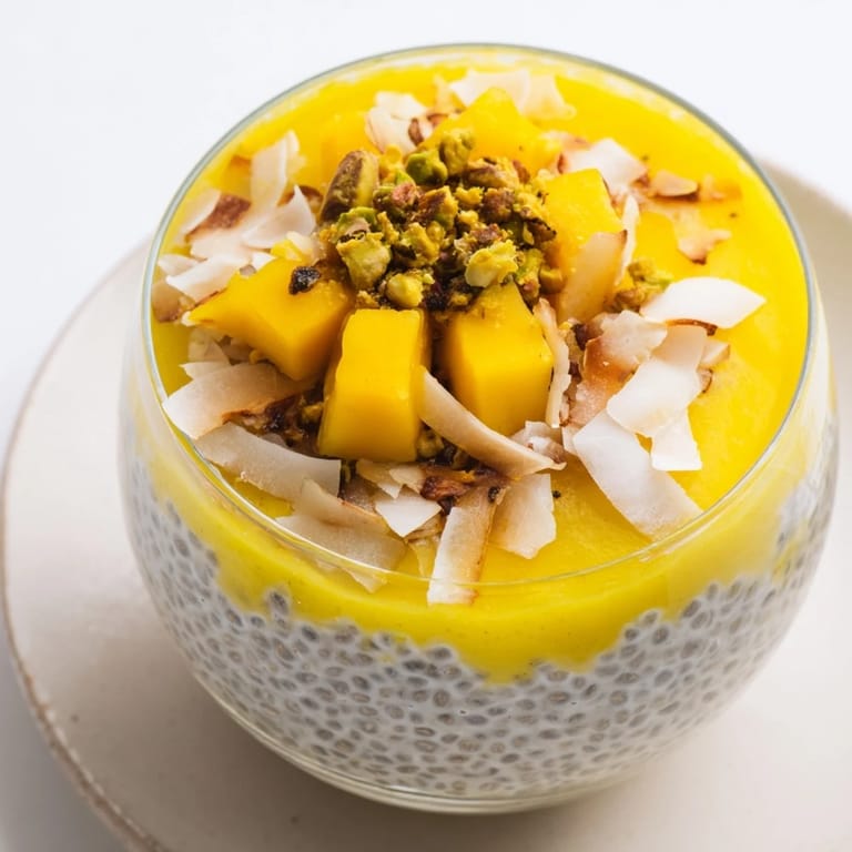 Vibrant photo: a tall glass of Mango Coconut Chia Pudding, topped with toasted coconut and mango chunks.