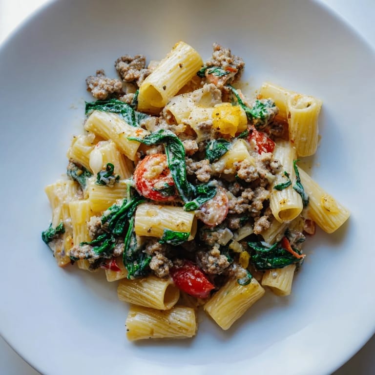 Close-up of One-Pot Italian Sausage Tomato Pasta, showcasing juicy tomatoes and perfectly cooked pasta.