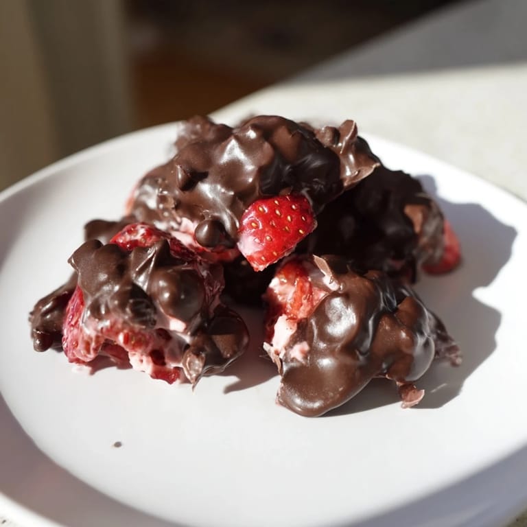 Vibrant red strawberries peek through the melted chocolate surrounding these homemade Strawberry Yogurt Clusters.