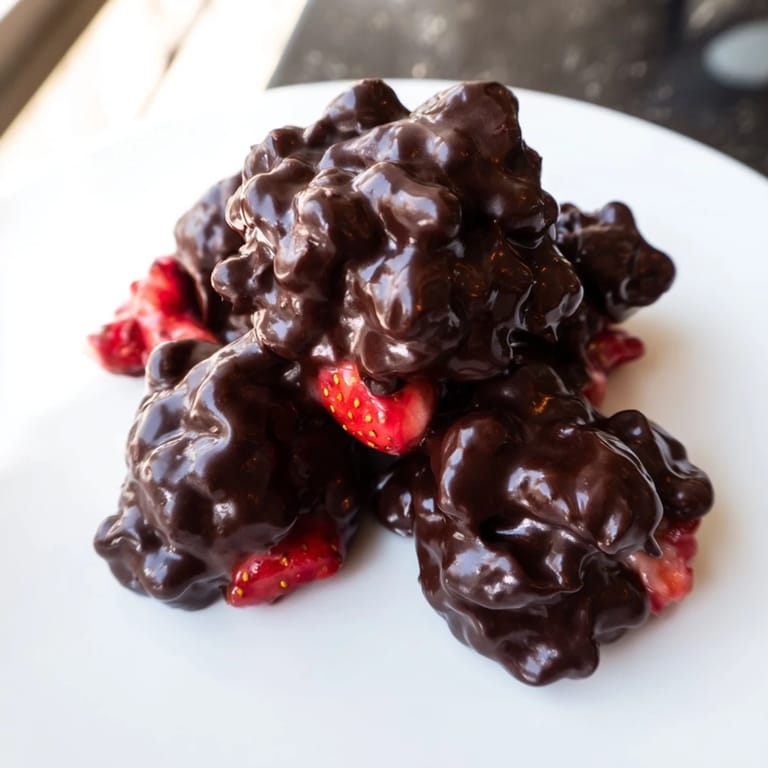 Close-up of frozen Strawberry Yogurt Clusters, a healthy dessert option with fresh berry pieces visible.