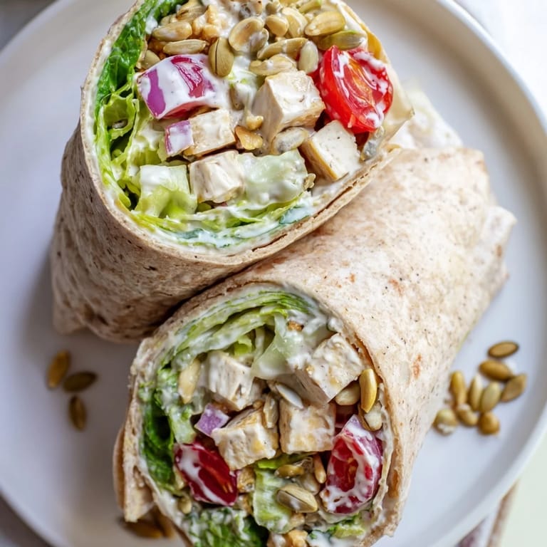 A colorful High-Protein Chicken-less Caesar Wrap, perfect for a quick, healthy vegetarian lunch.