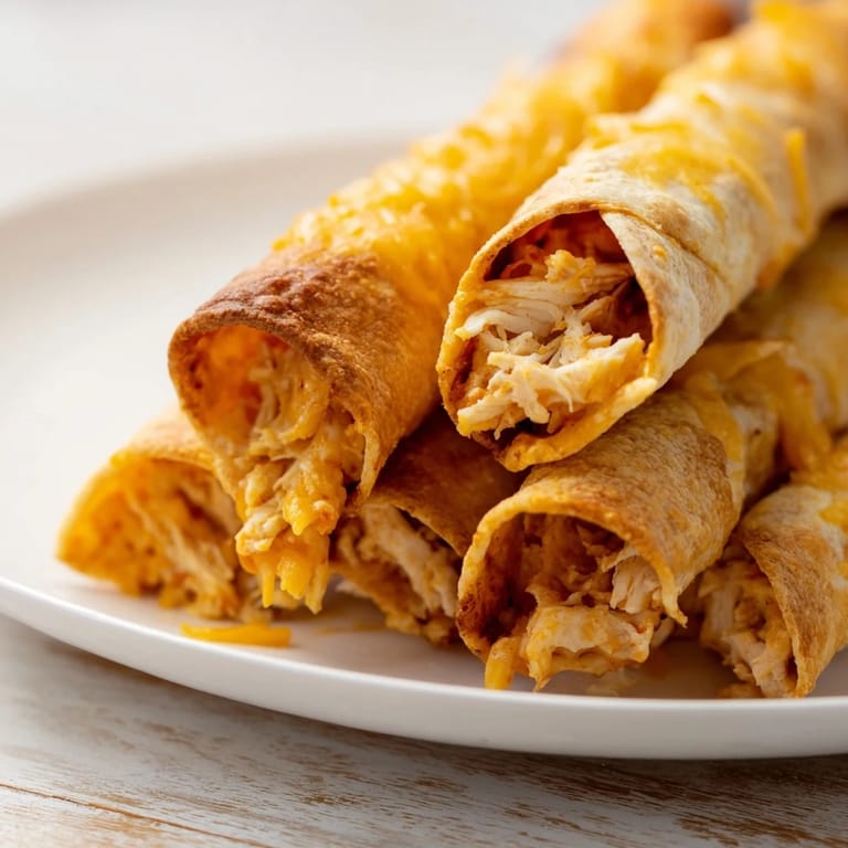 Mouthwatering image of air fryer taquitos, showing the melted cheese filling the crispy rolled tortilla shell.
