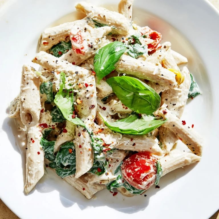A close-up shot of creamy Cottage Cheese High-Protein Pasta, garnished with fresh basil and Parmesan.