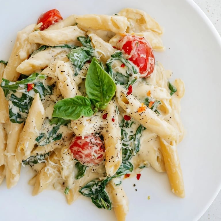 Delicious, vegetarian Cottage Cheese High-Protein Creamy Pasta with spinach, perfect for a protein boost.