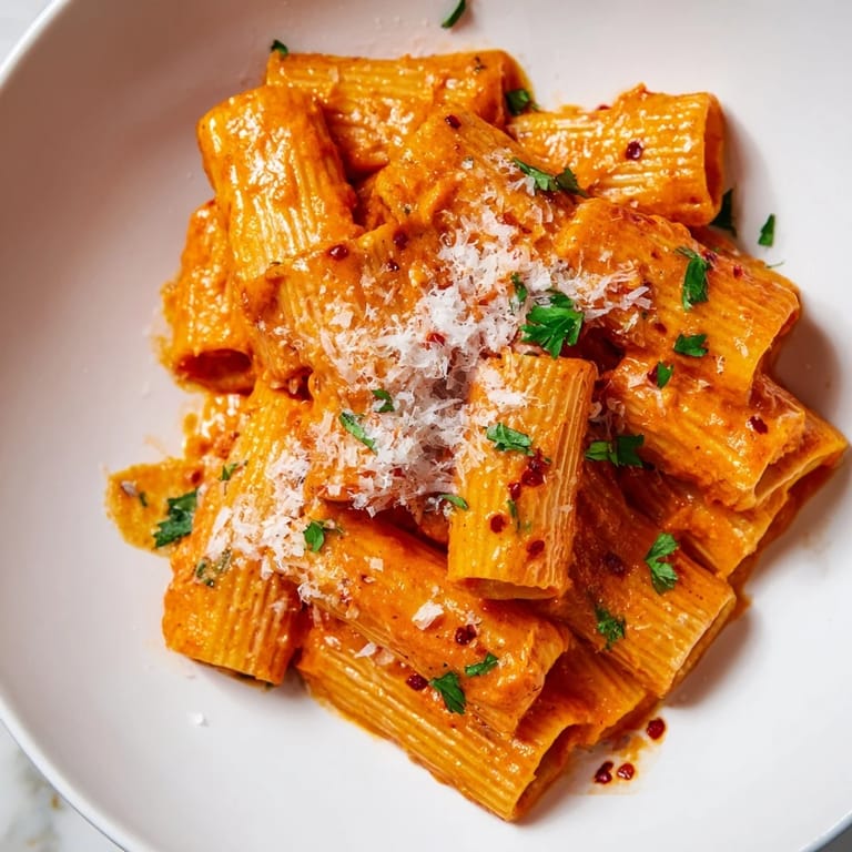 Gigi Hadid-Style Spicy Rigatoni bathed in a vibrant vodka sauce, garnished with fresh parsley and cheese.