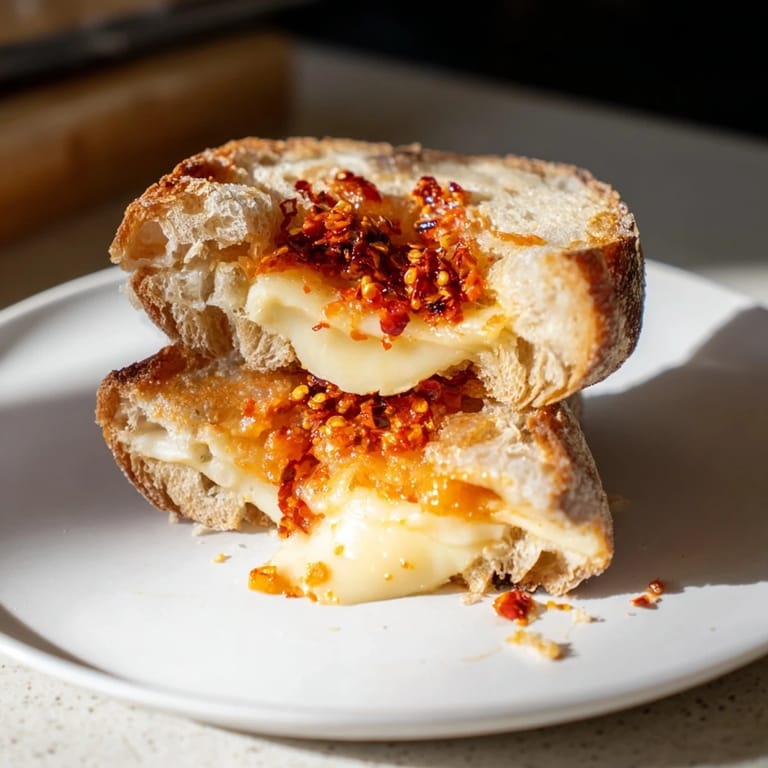 A perfectly grilled Brie and Chili Crisp Grilled Cheese, ready to eat with a delightfully crispy bread crust.