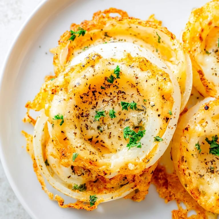 Air-fried Crispy Onion Cheese Chips, a savory appetizer; individual onion rings with a cheesy, crispy texture.