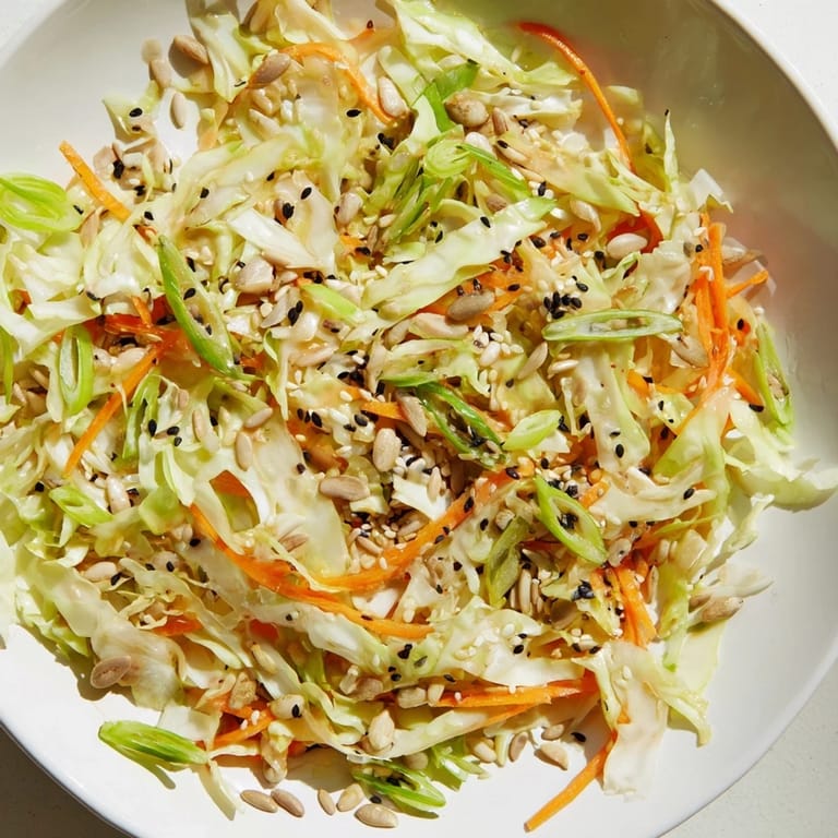 Close-up of a flavorful Cabbage-Core Slaw Salad, perfect for a light, healthy lunch option.