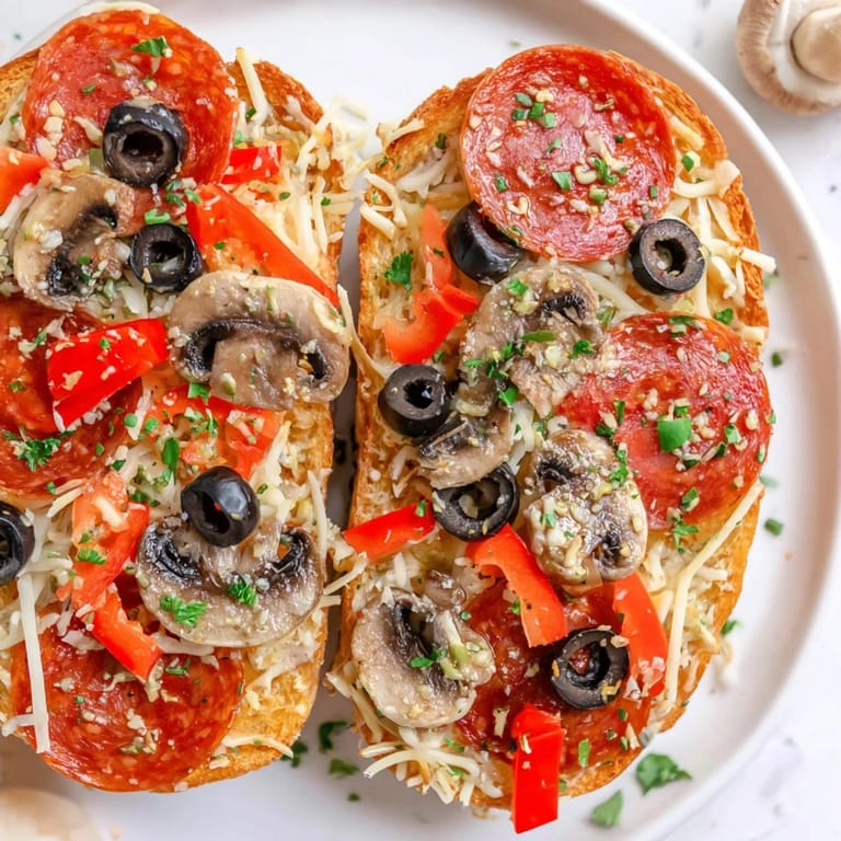 A close-up of crispy golden Air Fryer Pizza Toast: cheesy, bubbly, and ready to enjoy as a quick lunch.