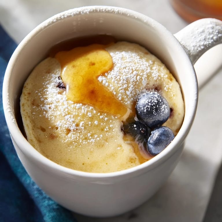 A single serving of fluffy Microwave Mug Pancakes, ready in minutes for a quick homemade treat.
