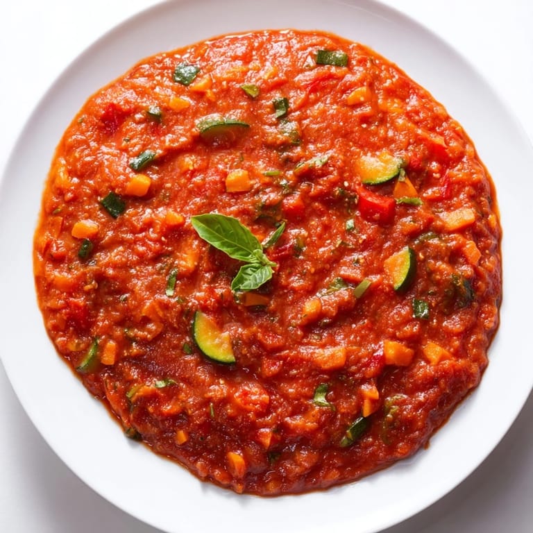 Vibrant Veggie-Loaded Tomato Pasta Sauce; a smooth, puréed sauce with flecks of fresh herbs, perfect for serving.