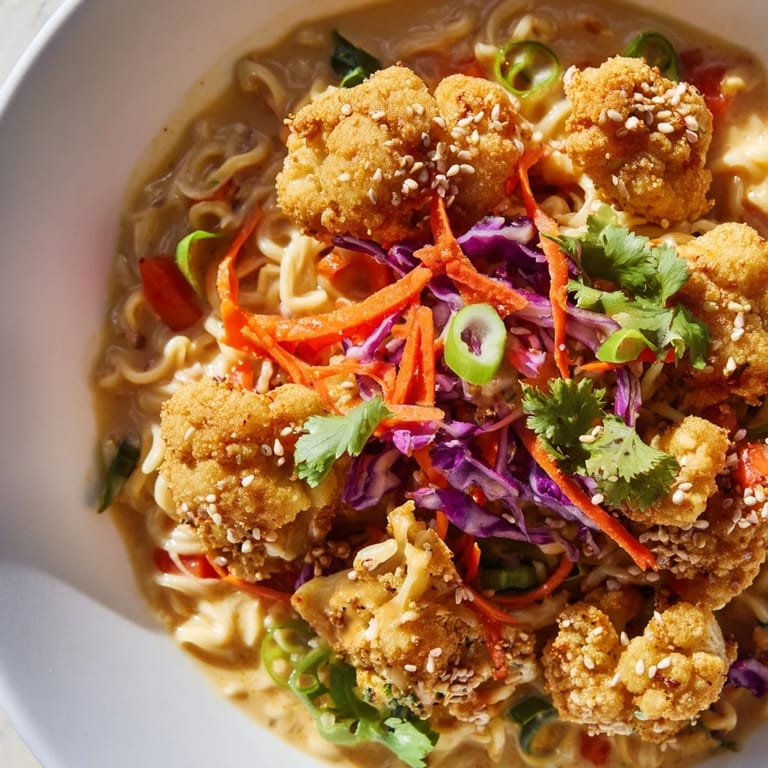 Delicious Chaos Cooking Buffalo Cauliflower Ramen, featuring crispy cauliflower and a creamy, spicy broth for comfort.