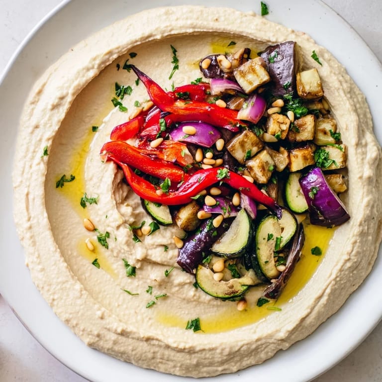 A vegan feast: Golden pine nuts and fresh parsley garnish this delicious Hummus Roasted Veggies platter.