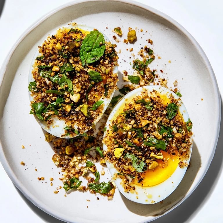 Fragrant and vibrant, dukkah-covered eggs are ready to eat, a beautiful breakfast or brunch dish.