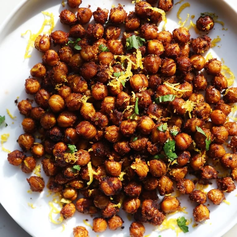 Close-up of vibrant Harissa Chickpea Roast, offering a delicious crunch and fragrant, spicy flavor profile.