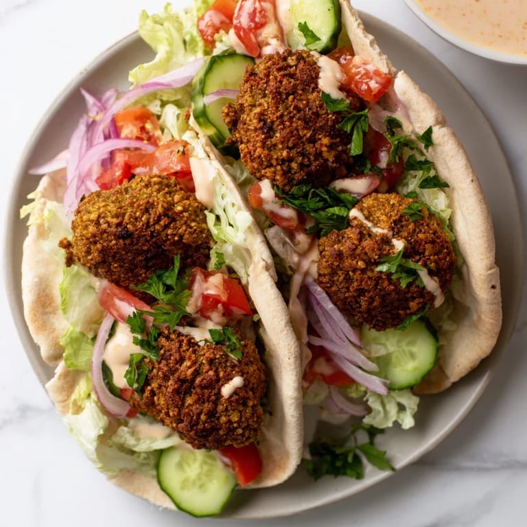 A close-up of a delicious falafel pita pocket, ready to eat, a flavorful Middle Eastern meal.