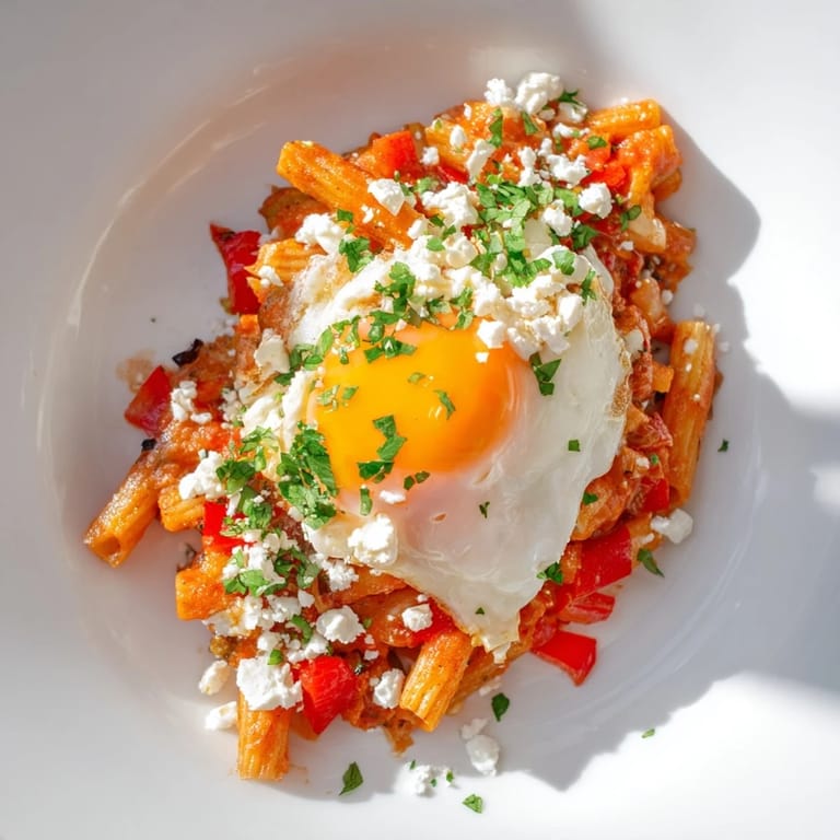 A close-up view displays bubbling Shakshuka Baked Pasta, garnished with fresh herbs ready to be served.