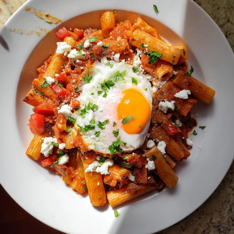 Imagining warm Shakshuka Baked Pasta, featuring golden pasta in a flavorful tomato and egg bake.