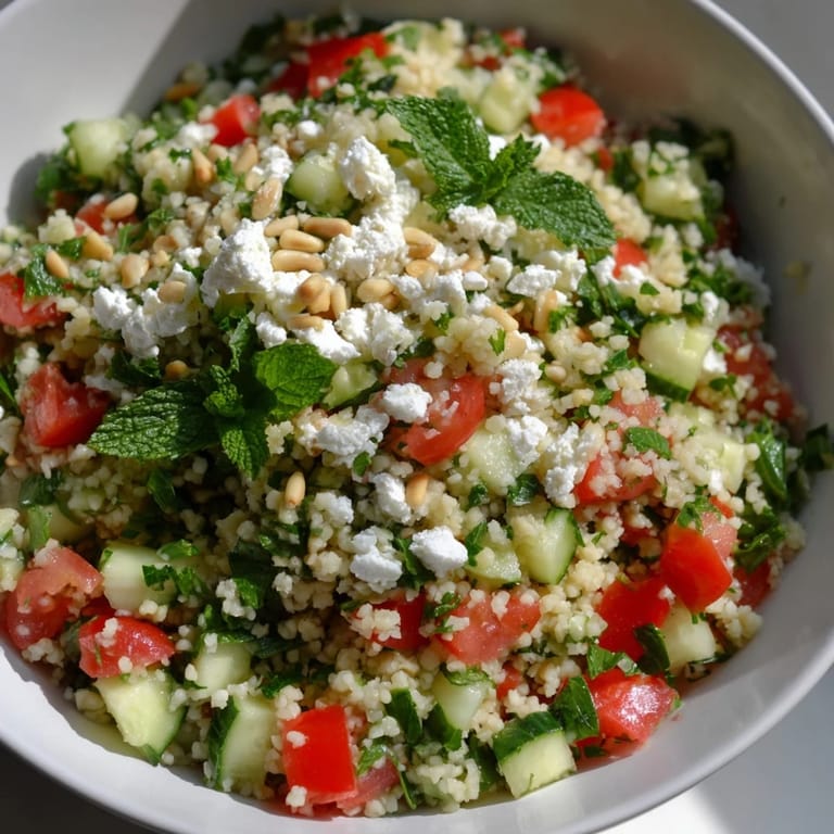 Flavorful tabbouleh grain bowl served with feta and pine nuts, a refreshing and vegetarian meal.