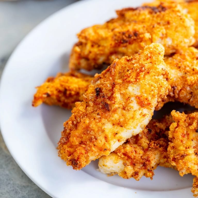 Homemade Crispy Fried Chicken Tenders with a crisp coating, piled high on a platter for sharing.