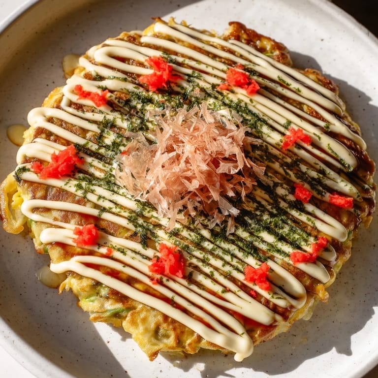 Savory Japanese okonomiyaki pancakes served with bonito flakes, aonori, and colorful garnishes.