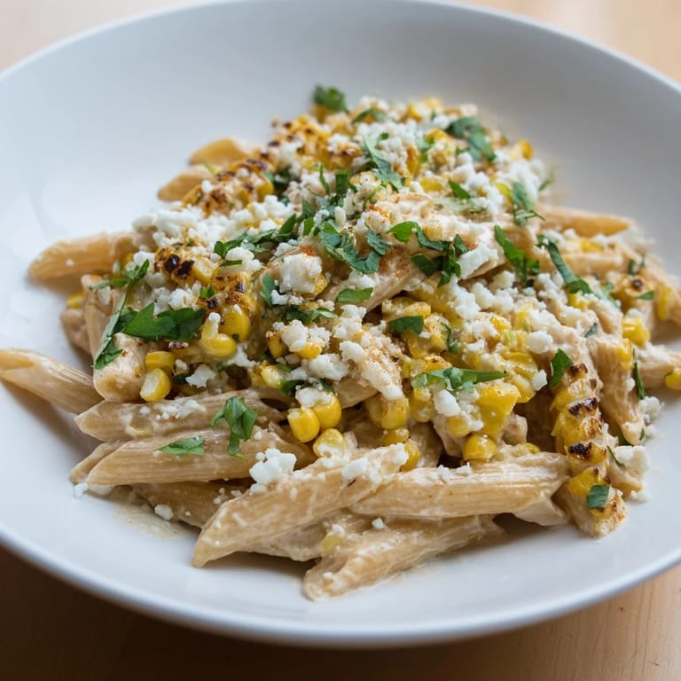 A close-up of creamy Mexican Street Corn Pasta with charred corn kernels and a sprinkle of chili powder on top.