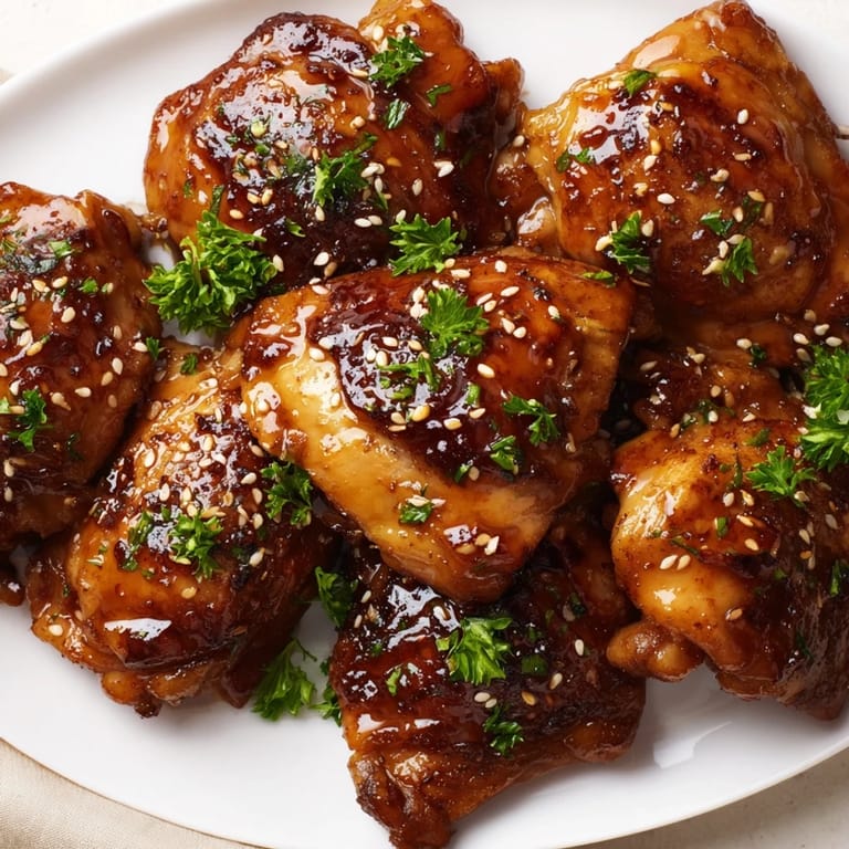 Perfectly caramelized Honey Garlic Glazed Chicken thighs emerge from the oven, their sticky sweet-savory sauce clinging to the golden-brown, crispy skin.