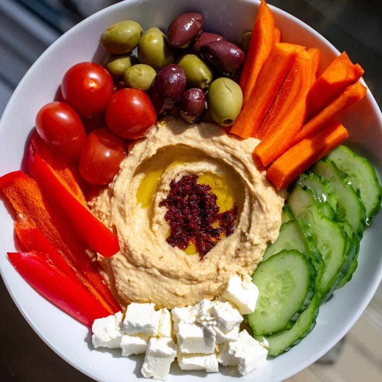 Hearty Middle Eastern Mezze Platter features a generous bowl of hummus topped with olive oil and sumac, surrounded by colorful salads and cheese.