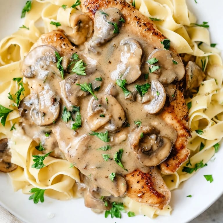 Comforting plate of creamy chicken Marsala pasta, featuring a velvety sauce and golden seared cutlets for an Italian-inspired meal.