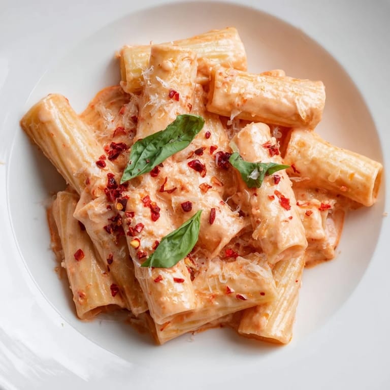 Close-up of Spicy Rigatoni Pasta coated in a velvety red sauce, with a steamy, comforting presentation.
