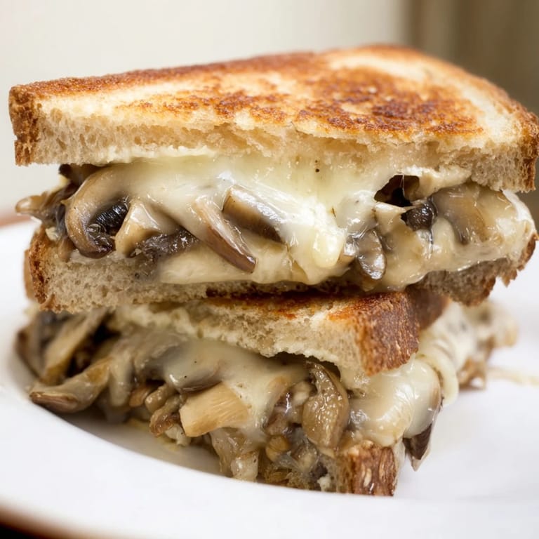 Steam rises gently from the toasted rye bread, highlighting the gooey Swiss cheese and earthy mushrooms in the Mushroom Swiss Grilled Cheese.