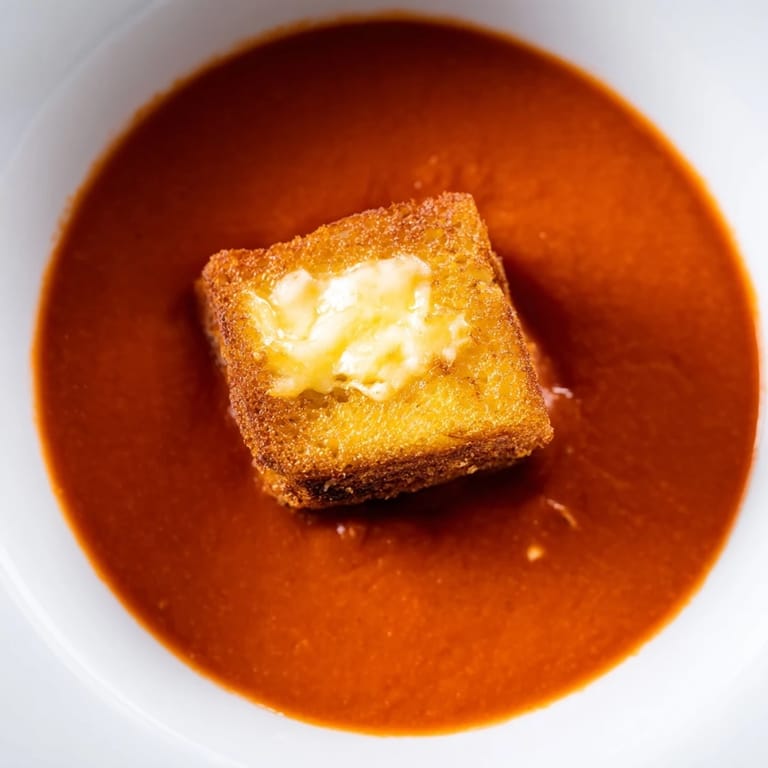 A comforting bowl of Roasted Tomato Soup with Grilled Cheese Croutons, garnished with fresh thyme on a rustic table.