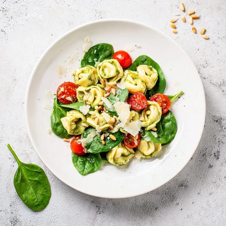 Savory pesto tortellini salad served in a bowl, topped with grated Parmesan and pine nuts, perfect for a picnic or potluck.