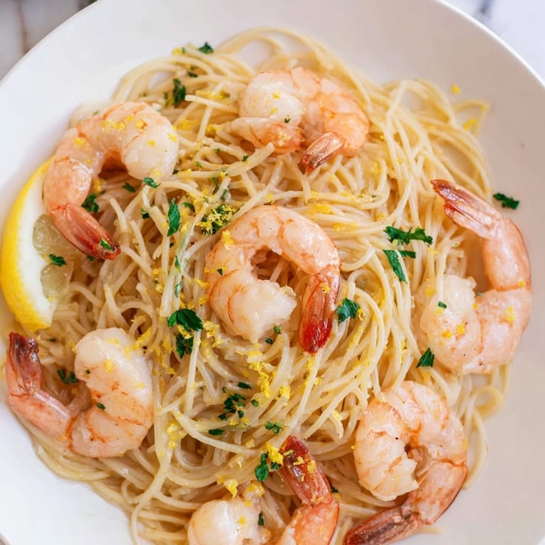 A skillet of zesty Lemon Butter Shrimp Pasta Lite, featuring plump pink shrimp nestled in silky angel hair pasta with bright lemon wedges on the side.