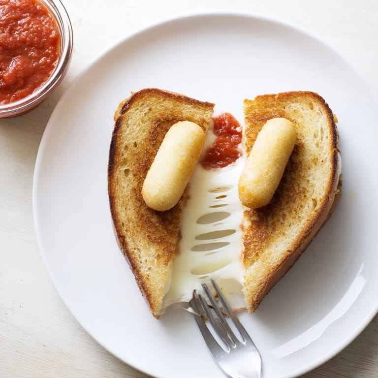 Served on a rustic wooden board, this Mozzarella Stick Grilled Cheese features a warm, golden-brown crust and melted cheese pulling away from the sandwich.  