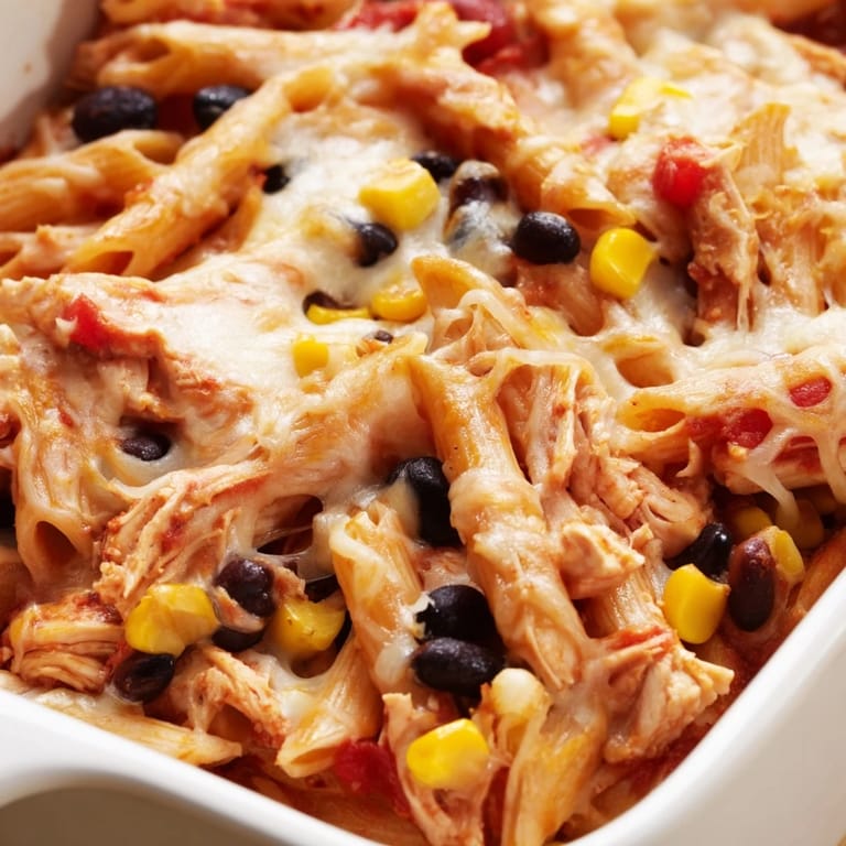 Golden, cheesy top layer on a scoop of Chicken Burrito Pasta Bake, revealing tender chicken, black beans, and corn baked with Tex-Mex spices, ready to serve.