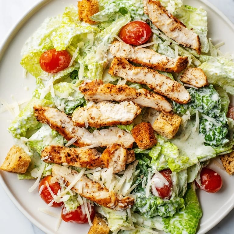 Creamy Greek yogurt Caesar dressing drizzled over tender grilled chicken in a vibrant salad bowl.