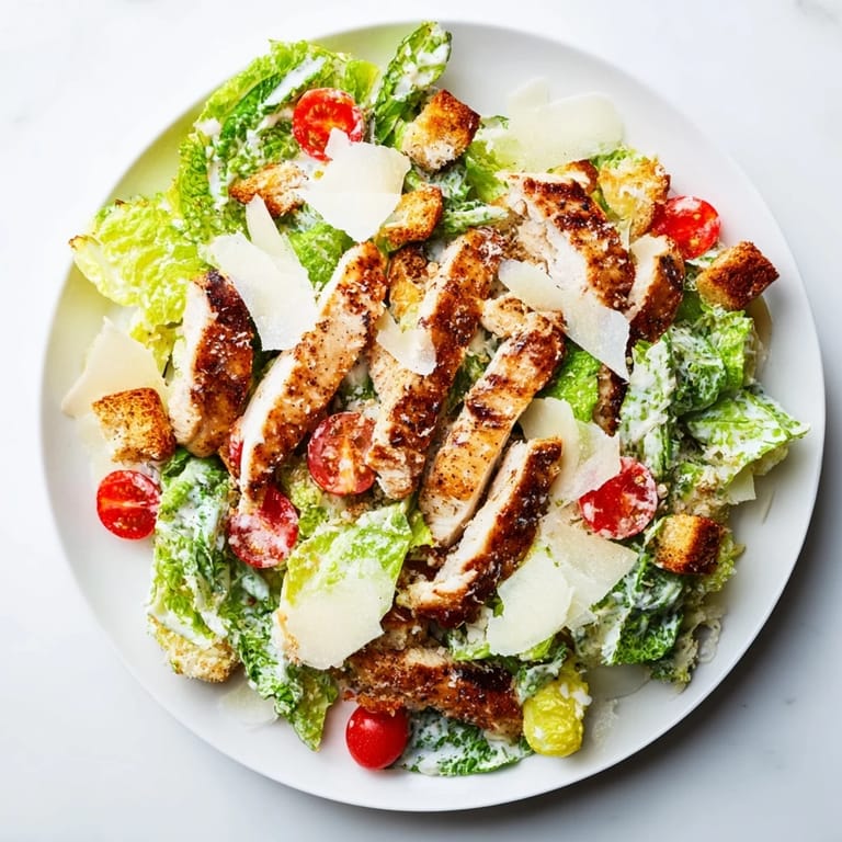 Chopped romaine and croutons topped with warm grilled chicken strips for a refreshing Yogurt Caesar Grilled Chicken Salad.