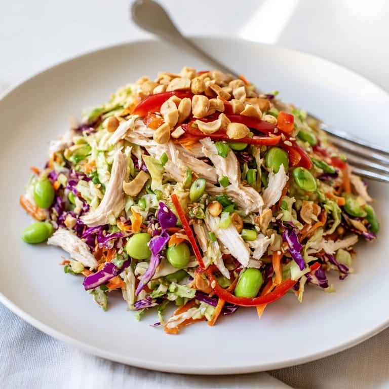 This overhead view highlights the vibrant Edamame Crunch Chicken Salad with edamame, red bell pepper, and green onions, tossed in a zesty ginger dressing.